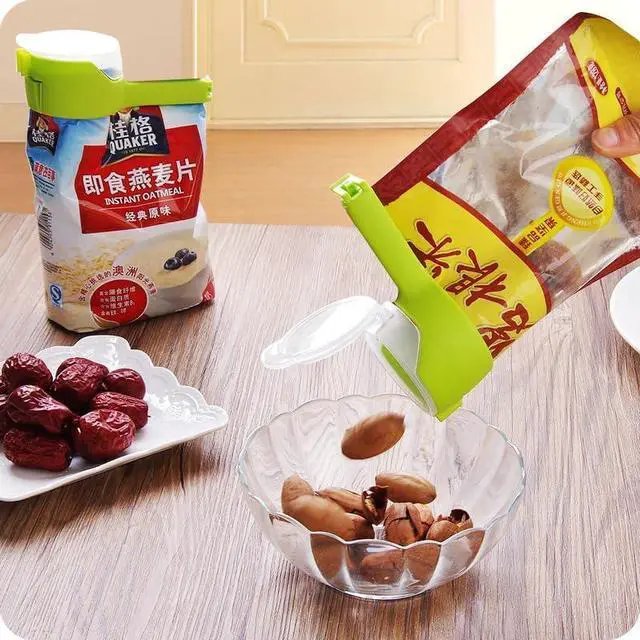 Alt view image 5 of 6 - 2 Pcs Green and Pink Bag Clips with Pour Spout, Food Storage Clips for Sealing and Easy Tilting and Pouring Kitchen Storage and Organization Accessories