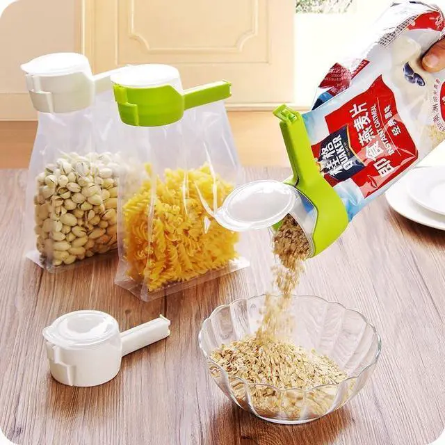 Alt view image 3 of 6 - 2 Pcs Green and Pink Bag Clips with Pour Spout, Food Storage Clips for Sealing and Easy Tilting and Pouring Kitchen Storage and Organization Accessories