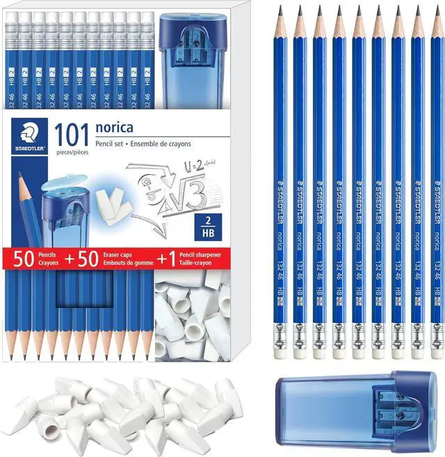 Main image of Norica Pencil Set: 50 Pre-sharpened #2 HB Pencils with 50 Eraser Caps & Double-Hole Sharpener, Break-Resistant Lead, School Pack | Pre-sharpened, #2 HB Pencils, Double-Hole Sharpener, Break-Resistant