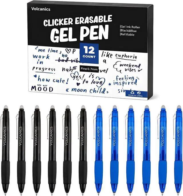 Alt view image 2 of 7 - Retractable Clicker Erasable Gel Pens - 0.7mm Ball Point, Heat Erase with Built-in Eraser, 12 Pack Soft Black and Blue