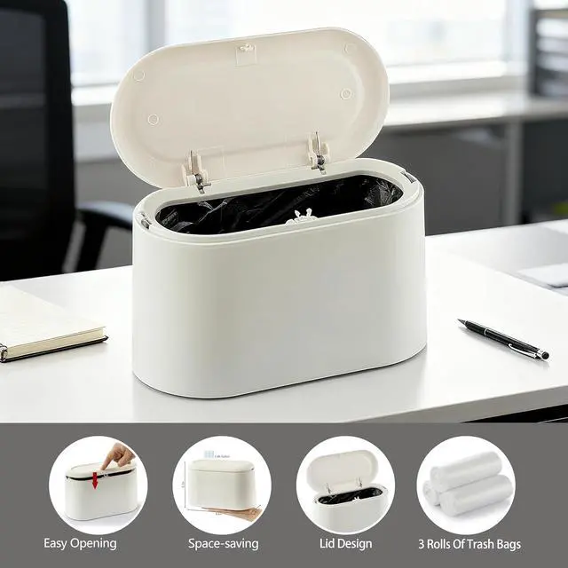 Alt view image 3 of 7 - Mini Trash Can for Desk, Tiny Plastic Countertop Garbage Can with Lid, Easy to use and Keep Desktop Clean for Vanity, Bedside, Bathroom and Kitchen with 3 Rolls Trash Bags
