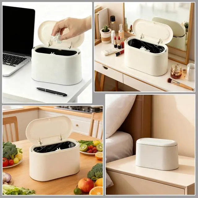 Alt view image 5 of 7 - Mini Trash Can for Desk, Tiny Plastic Countertop Garbage Can with Lid, Easy to use and Keep Desktop Clean for Vanity, Bedside, Bathroom and Kitchen with 3 Rolls Trash Bags