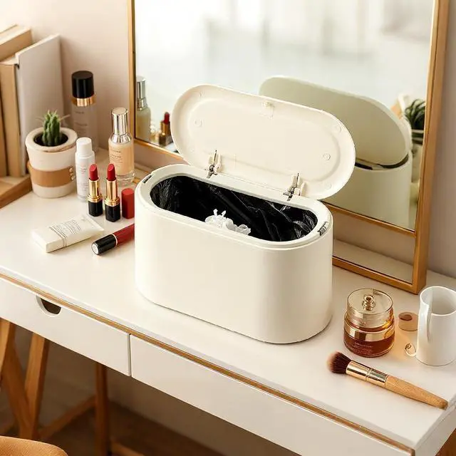 Alt view image 6 of 7 - Mini Trash Can for Desk, Tiny Plastic Countertop Garbage Can with Lid, Easy to use and Keep Desktop Clean for Vanity, Bedside, Bathroom and Kitchen with 3 Rolls Trash Bags