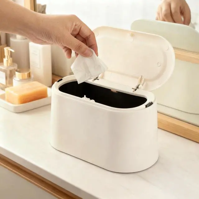 Alt view image 7 of 7 - Mini Trash Can for Desk, Tiny Plastic Countertop Garbage Can with Lid, Easy to use and Keep Desktop Clean for Vanity, Bedside, Bathroom and Kitchen with 3 Rolls Trash Bags
