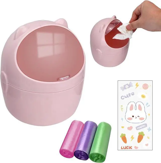 Main image of Mini Trash Can with Lid, Cute Small Desktop Waste Bin with 90 Garbage Bags | Wastebasket with Stickers, Plastic Rubbish Storage Dustbin for Office Bedroom Kitchen, Pink