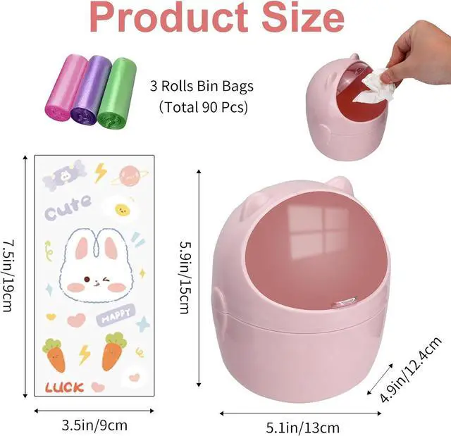 Alt view image 2 of 7 - Mini Trash Can with Lid, Cute Small Desktop Waste Bin with 90 Garbage Bags | Wastebasket with Stickers, Plastic Rubbish Storage Dustbin for Office Bedroom Kitchen, Pink
