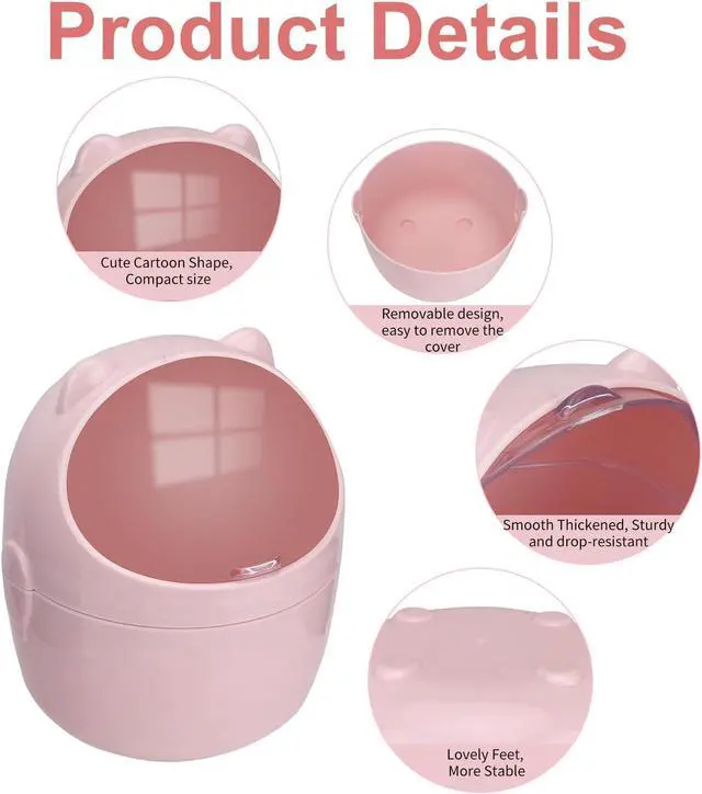 Alt view image 3 of 7 - Mini Trash Can with Lid, Cute Small Desktop Waste Bin with 90 Garbage Bags | Wastebasket with Stickers, Plastic Rubbish Storage Dustbin for Office Bedroom Kitchen, Pink