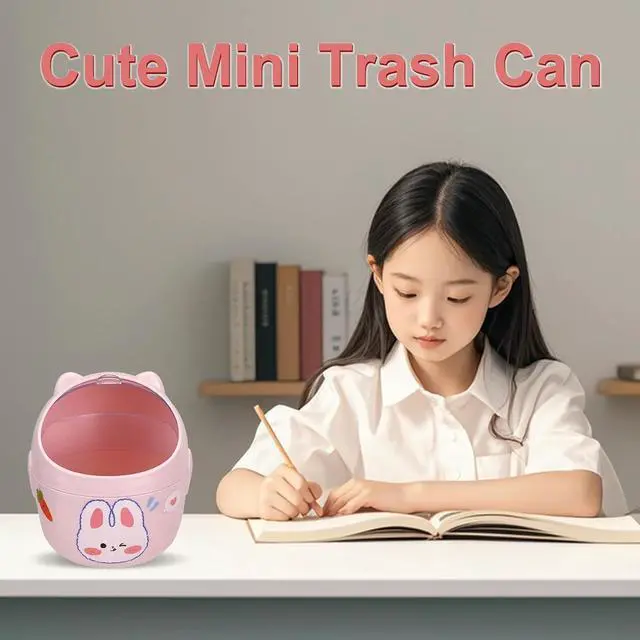 Alt view image 4 of 7 - Mini Trash Can with Lid, Cute Small Desktop Waste Bin with 90 Garbage Bags | Wastebasket with Stickers, Plastic Rubbish Storage Dustbin for Office Bedroom Kitchen, Pink