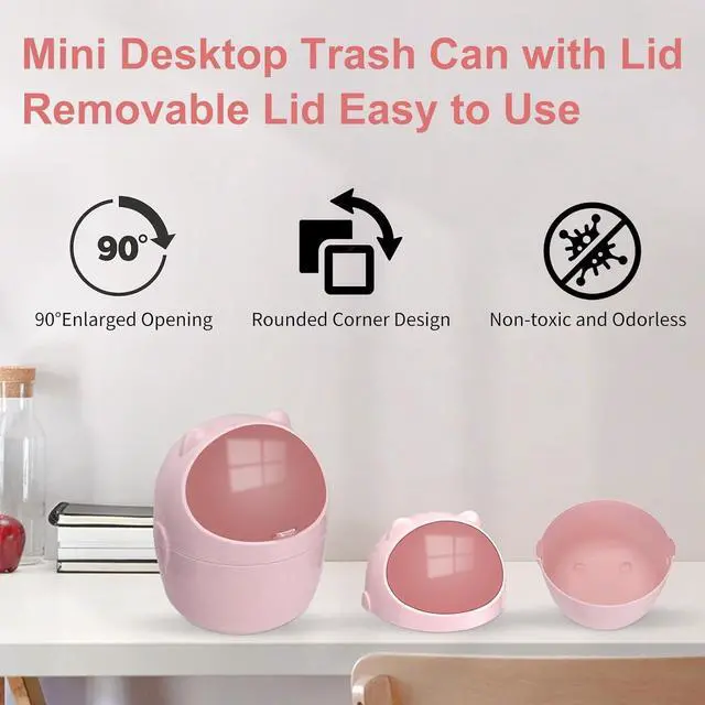 Alt view image 6 of 7 - Mini Trash Can with Lid, Cute Small Desktop Waste Bin with 90 Garbage Bags | Wastebasket with Stickers, Plastic Rubbish Storage Dustbin for Office Bedroom Kitchen, Pink