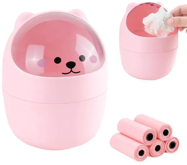 Main image of Mini Trash Can, Cute Small Trash Can with Lid, Desktop Paper Bin with 5 Rolls of Bin Liners, Portable Tabletop Dustbin, Cartoon Animal Rubbish Storage for Kitchen