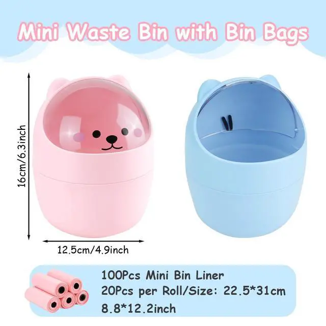 Alt view image 2 of 7 - Mini Trash Can, Cute Small Trash Can with Lid, Desktop Paper Bin with 5 Rolls of Bin Liners, Portable Tabletop Dustbin, Cartoon Animal Rubbish Storage for Kitchen(Blue)