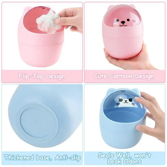 Alt view image 5 of 7 - Mini Trash Can, Cute Small Trash Can with Lid, Desktop Paper Bin with 5 Rolls of Bin Liners, Portable Tabletop Dustbin, Cartoon Animal Rubbish Storage for Kitchen(Blue)