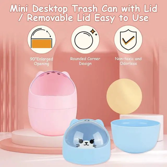 Alt view image 3 of 7 - Mini Trash Can, Cute Small Trash Can with Lid, Desktop Paper Bin with 5 Rolls of Bin Liners, Portable Tabletop Dustbin, Cartoon Animal Rubbish Storage for Kitchen(Blue)