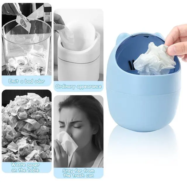 Alt view image 4 of 7 - Mini Trash Can, Cute Small Trash Can with Lid, Desktop Paper Bin with 5 Rolls of Bin Liners, Portable Tabletop Dustbin, Cartoon Animal Rubbish Storage for Kitchen(Blue)