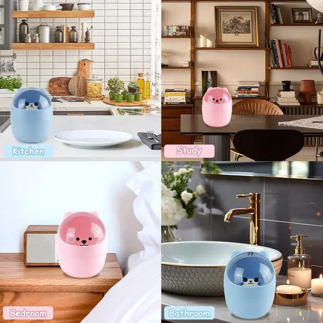 Alt view image 7 of 7 - Mini Trash Can, Cute Small Trash Can with Lid, Desktop Paper Bin with 5 Rolls of Bin Liners, Portable Tabletop Dustbin, Cartoon Animal Rubbish Storage for Kitchen(Blue)