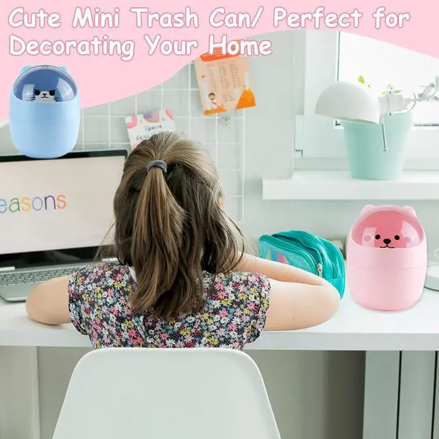 Alt view image 6 of 7 - Mini Trash Can, Cute Small Trash Can with Lid, Desktop Paper Bin with 5 Rolls of Bin Liners, Portable Tabletop Dustbin, Cartoon Animal Rubbish Storage for Kitchen(Blue)