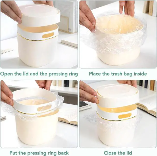 Alt view image 5 of 7 - 1 Pcs Mini Desktop Trash Can with Lid with 90 Trash Bags, Press-Type Garbage Can, Small Countertop Plastic Wastebasket for Vanity, Bedroom, Bathroom, Kitchen, Desk (White)