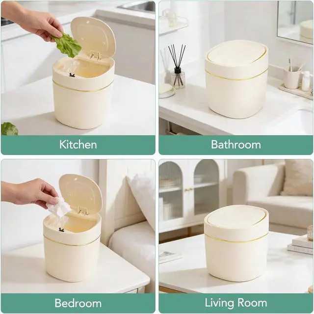 Alt view image 7 of 7 - 1 Pcs Mini Desktop Trash Can with Lid with 90 Trash Bags, Press-Type Garbage Can, Small Countertop Plastic Wastebasket for Vanity, Bedroom, Bathroom, Kitchen, Desk (White)