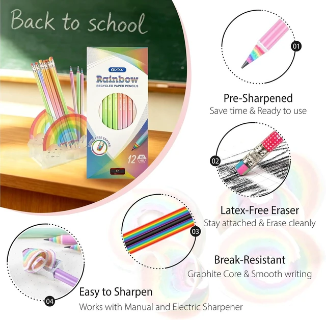 Alt view image 3 of 7 - Pre-Sharpened Rainbow Pencils #2, Back to School Supplies, 12 Count | Cute Number 2 Pencils for Kids Students, Latex-Free Eraser, Eco Recycled Paper, Smooth Writing, Drawing, Fun Classroom Gifts