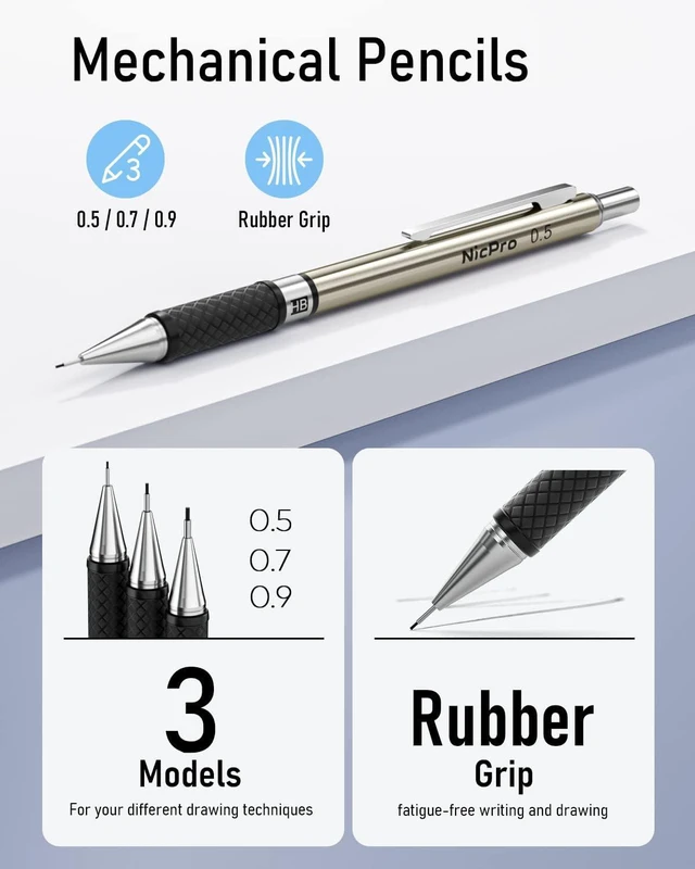 Alt view image 3 of 7 - 6PCS Art Mechanical Pencil Set | 3PCS Metal Drafting Pencil 0.5 mm & 0.7 mm & 0.9 mm & 3PCS 2mm Graphite Lead Holder (2B HB 2H) For Writing, Sketching Drawing