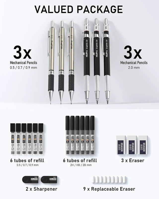 Alt view image 5 of 7 - 6PCS Art Mechanical Pencil Set | 3PCS Metal Drafting Pencil 0.5 mm & 0.7 mm & 0.9 mm & 3PCS 2mm Graphite Lead Holder (2B HB 2H) For Writing, Sketching Drawing