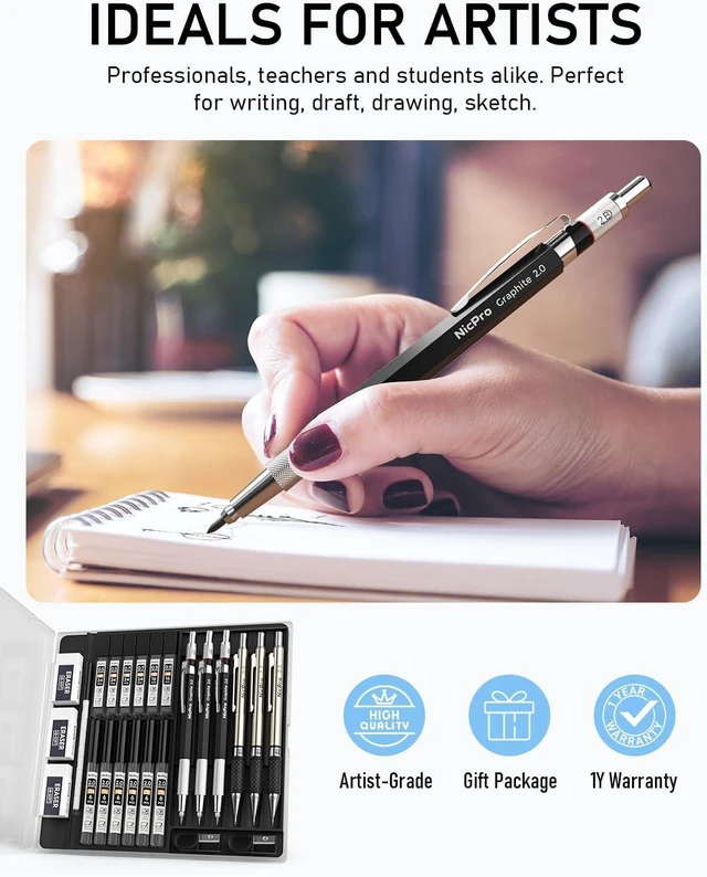 Alt view image 6 of 7 - 6PCS Art Mechanical Pencil Set | 3PCS Metal Drafting Pencil 0.5 mm & 0.7 mm & 0.9 mm & 3PCS 2mm Graphite Lead Holder (2B HB 2H) For Writing, Sketching Drawing