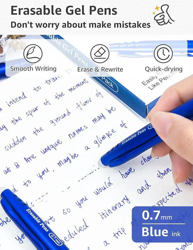 Alt view image 2 of 7 - Erasable Gel Pens 0.7mm, Blue Heat Erasable Fine Point Ballpoint Pens, Make Mistakes Disappear, Gel Ink Pens with Eraser for Drawing Writing Planner Journaling Crossword Puzzles School Supplies