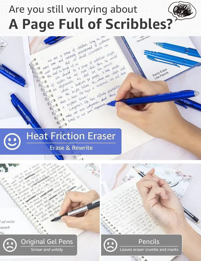 Alt view image 3 of 7 - Erasable Gel Pens 0.7mm, Blue Heat Erasable Fine Point Ballpoint Pens, Make Mistakes Disappear, Gel Ink Pens with Eraser for Drawing Writing Planner Journaling Crossword Puzzles School Supplies