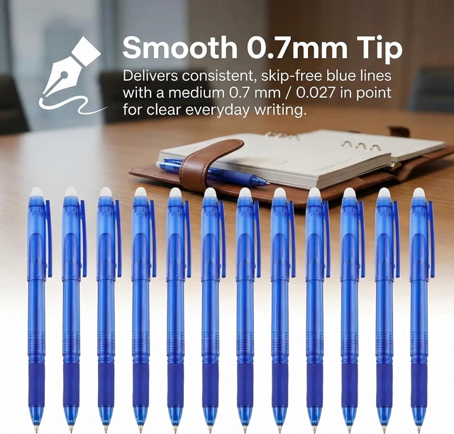 Alt view image 2 of 7 - Blue Erasable Gel Pens, 0.7mm Fine Point, 12 Pack | Capped Smooth Pencil-Like Precision Writing Pens For School, Office, Note Taking And Everyday Planning