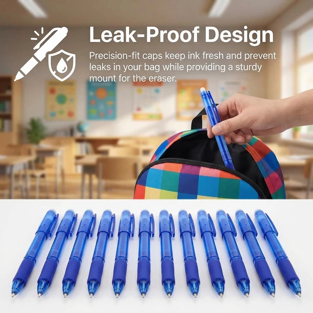 Alt view image 3 of 7 - Blue Erasable Gel Pens, 0.7mm Fine Point, 12 Pack | Capped Smooth Pencil-Like Precision Writing Pens For School, Office, Note Taking And Everyday Planning