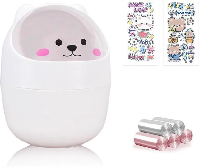 Main image of Cute Desktop Tiny Trash Can with Flip Lid, Creative Kawaii Bear Mini Wastebasket, Portable Countertop Dustbin for Office Kitchen Vanity Tabletop Bedroom (White)