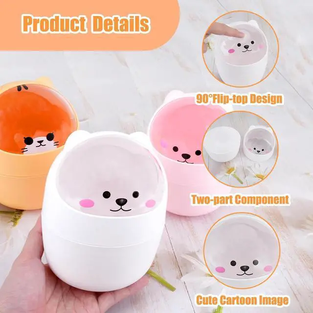 Alt view image 3 of 7 - Cute Desktop Tiny Trash Can with Flip Lid, Creative Kawaii Bear Mini Wastebasket, Portable Countertop Dustbin for Office Kitchen Vanity Tabletop Bedroom (White)