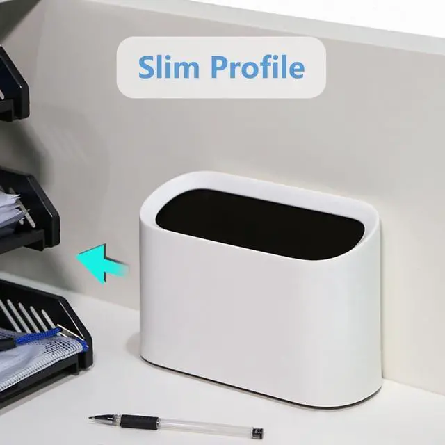 Alt view image 4 of 7 - 0.4 Gal Mini Trash Can for Desk with Inclined Opening (White) | Very Slim to Save Space, For Desktop Vanity Countertop Table Office Laundry Bedside, Tiny Plastic Mini Garbage Can