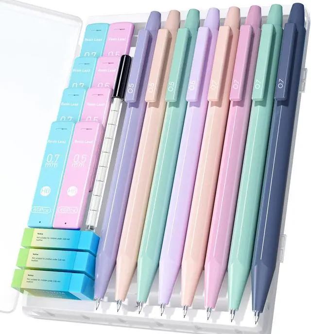 Main image of Cute Mechanical Pencil Set with Case, 8-Pack 0.5 0.7mm Pencils | 480 Lead Refills 3 Erasers 9 Eraser Refills, Back to School Supplies Gift for Girls Writing Drawing, Aesthetic Stationery