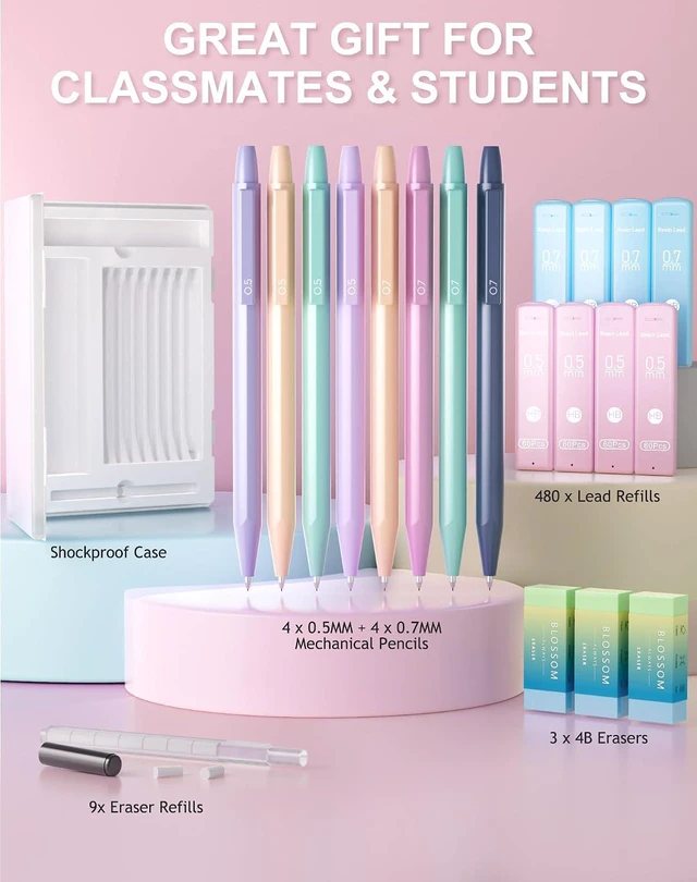 Alt view image 6 of 7 - Cute Mechanical Pencil Set with Case, 8-Pack 0.5 0.7mm Pencils | 480 Lead Refills 3 Erasers 9 Eraser Refills, Back to School Supplies Gift for Girls Writing Drawing, Aesthetic Stationery
