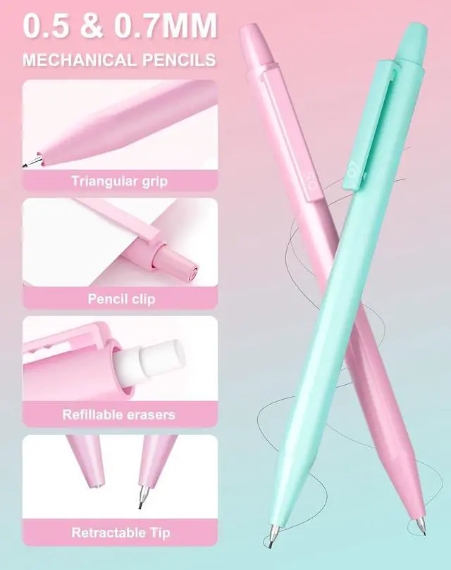 Alt view image 5 of 7 - Cute Mechanical Pencil Set with Case, 8-Pack 0.5 0.7mm Pencils | 480 Lead Refills 3 Erasers 9 Eraser Refills, Back to School Supplies Gift for Girls Writing Drawing, Aesthetic Stationery