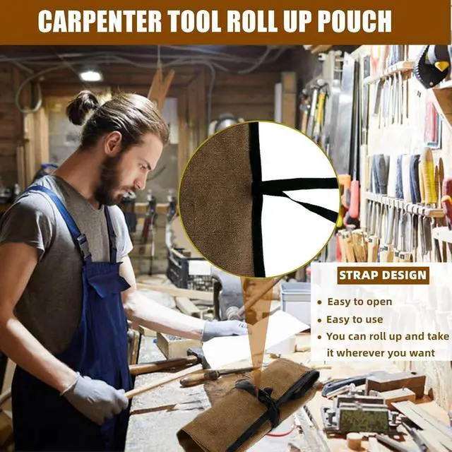 Alt view image 2 of 7 - Small Canvas Chisel Roll, Chisels Bag Tool Organizer with 4 Pockets, Metal Pry Bar Plier Wrench Roll Tool Pouch for Mechanic Carpenter Craftsman (Khaki)
