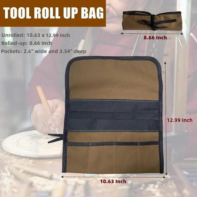 Alt view image 3 of 7 - Small Canvas Chisel Roll, Chisels Bag Tool Organizer with 4 Pockets, Metal Pry Bar Plier Wrench Roll Tool Pouch for Mechanic Carpenter Craftsman (Khaki)