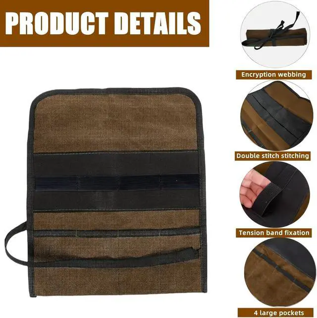 Alt view image 4 of 7 - Small Canvas Chisel Roll, Chisels Bag Tool Organizer with 4 Pockets, Metal Pry Bar Plier Wrench Roll Tool Pouch for Mechanic Carpenter Craftsman (Khaki)