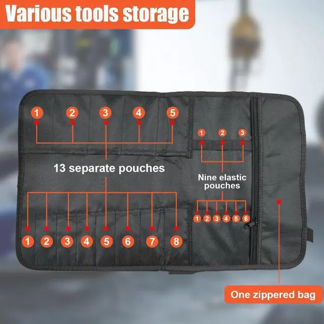 Alt view image 4 of 6 - 23 Pocket Car Tool Bag Roll Up Organizer - Portable Wrench Organizer & Tools Storage Bag with Zipper Pouch - Roll Up Tool Pouch with Easy-Grab Handle for Men Dad Boyfriend Mechanic (Black)