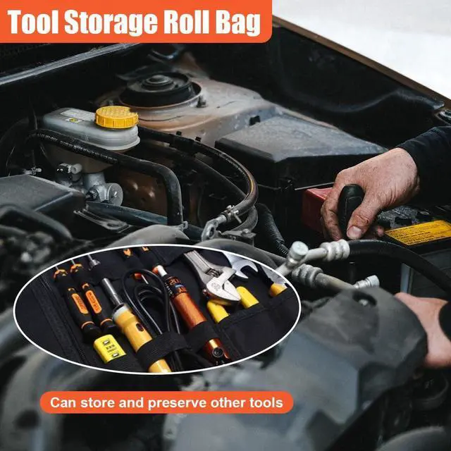 Alt view image 5 of 6 - 23 Pocket Car Tool Bag Roll Up Organizer - Portable Wrench Organizer & Tools Storage Bag with Zipper Pouch - Roll Up Tool Pouch with Easy-Grab Handle for Men Dad Boyfriend Mechanic (Black)