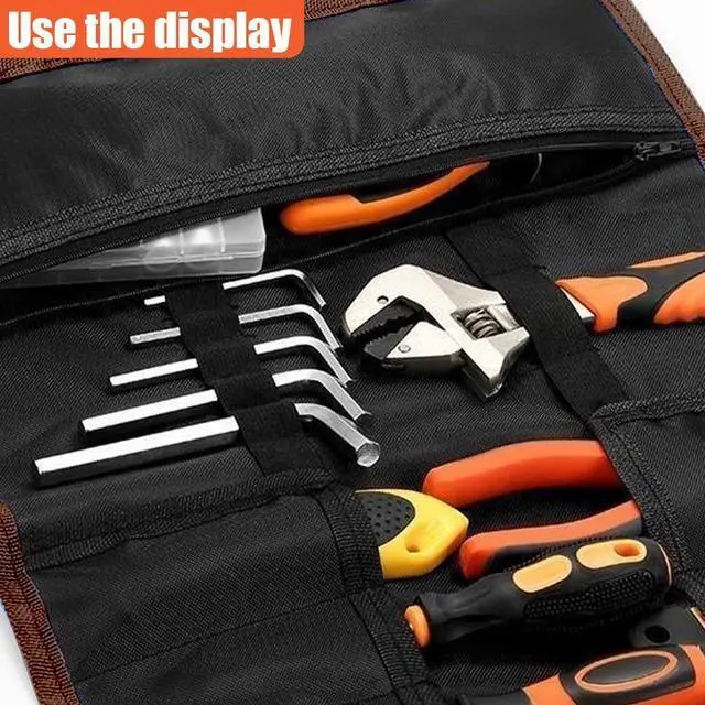 Alt view image 6 of 6 - 23 Pocket Car Tool Bag Roll Up Organizer - Portable Wrench Organizer & Tools Storage Bag with Zipper Pouch - Roll Up Tool Pouch with Easy-Grab Handle for Men Dad Boyfriend Mechanic (Black)