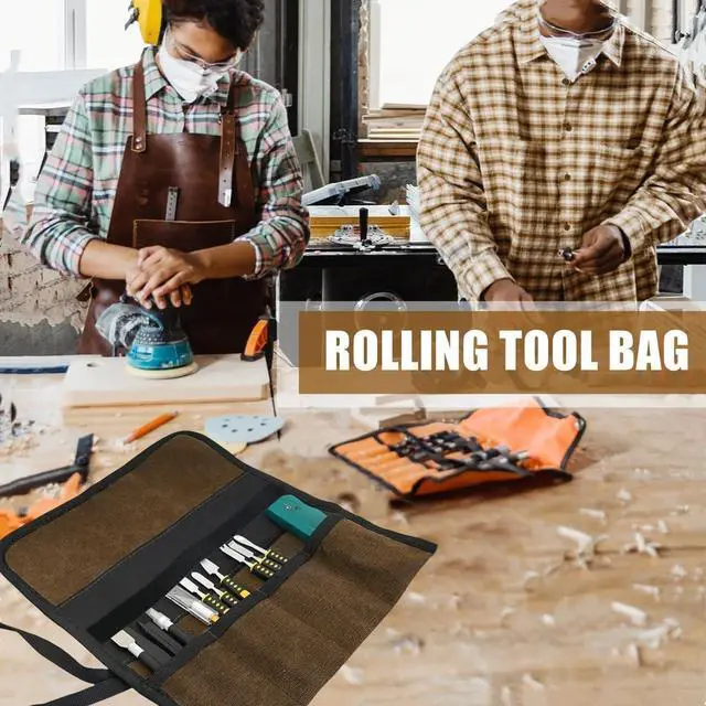Alt view image 7 of 7 - Small Canvas Chisel Roll, Chisels Bag Tool Organizer with 4 Pockets, Metal Pry Bar Plier Wrench Roll Tool Pouch for Mechanic Carpenter Craftsman (Khaki)