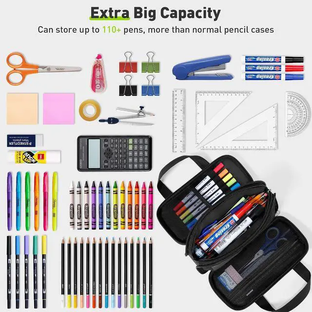 Alt view image 2 of 7 - Large Pencil Case, Big Capacity Pencil Pouch Pen Bag with 3 Compartment, Portable Canvas Stationery Organizer with Zipper, Cute Aesthetic School Supplies for Teen Girls Boys College,Black