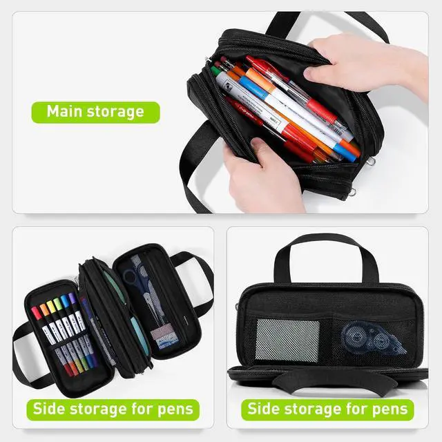Alt view image 4 of 7 - Large Pencil Case, Big Capacity Pencil Pouch Pen Bag with 3 Compartment, Portable Canvas Stationery Organizer with Zipper, Cute Aesthetic School Supplies for Teen Girls Boys College,Black