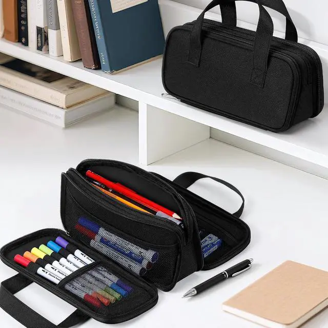 Alt view image 7 of 7 - Large Pencil Case, Big Capacity Pencil Pouch Pen Bag with 3 Compartment, Portable Canvas Stationery Organizer with Zipper, Cute Aesthetic School Supplies for Teen Girls Boys College,Black