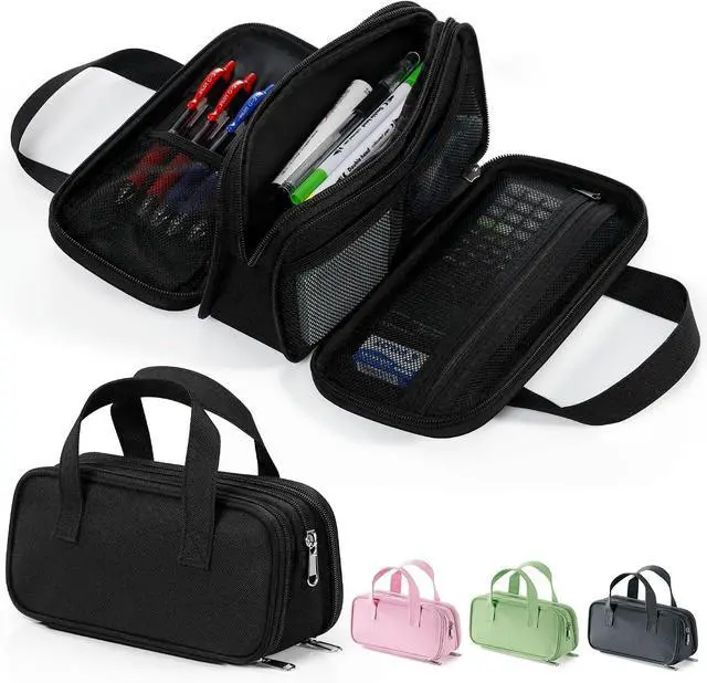 Main image of Large Pencil Case, Big Capacity Pencil Pouch Pen Bag with 3 Compartment, Portable Canvas Stationery Organizer with Zipper, Cute Aesthetic School Supplies for Teen Girls Boys College,Black
