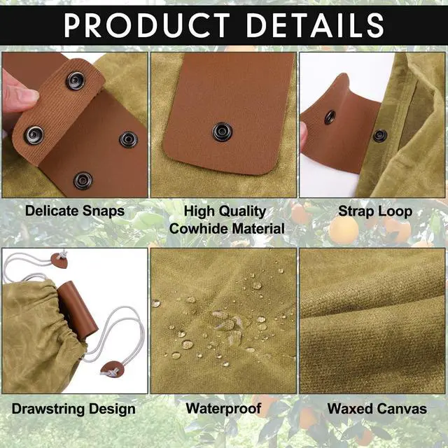 Alt view image 3 of 7 - Foraging Bag, Outdoor Picking Fruit Bags, Waxed Canvas Foraging Pouch, Foldable Leather Belt Pouch with Drawstring Multi-Purpose Picking Bag for Camping, Shells, Treasures, Travel, Hiking