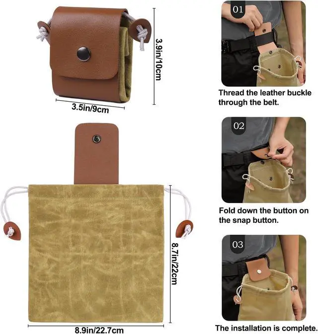 Alt view image 4 of 7 - Foraging Bag, Outdoor Picking Fruit Bags, Waxed Canvas Foraging Pouch, Foldable Leather Belt Pouch with Drawstring Multi-Purpose Picking Bag for Camping, Shells, Treasures, Travel, Hiking