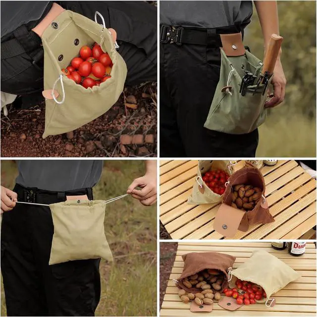 Alt view image 5 of 7 - Foraging Bag, Outdoor Picking Fruit Bags, Waxed Canvas Foraging Pouch, Foldable Leather Belt Pouch with Drawstring Multi-Purpose Picking Bag for Camping, Shells, Treasures, Travel, Hiking